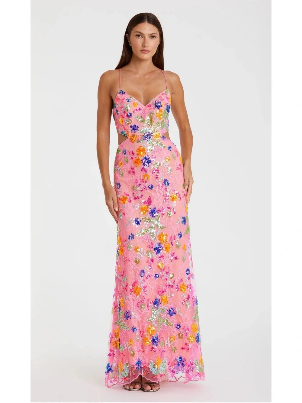 Mac Duggal Pink Floral Sequin Backless Lace-Up Evening Gown Maxi Beaded Dress 6 - Picture 8 of 12